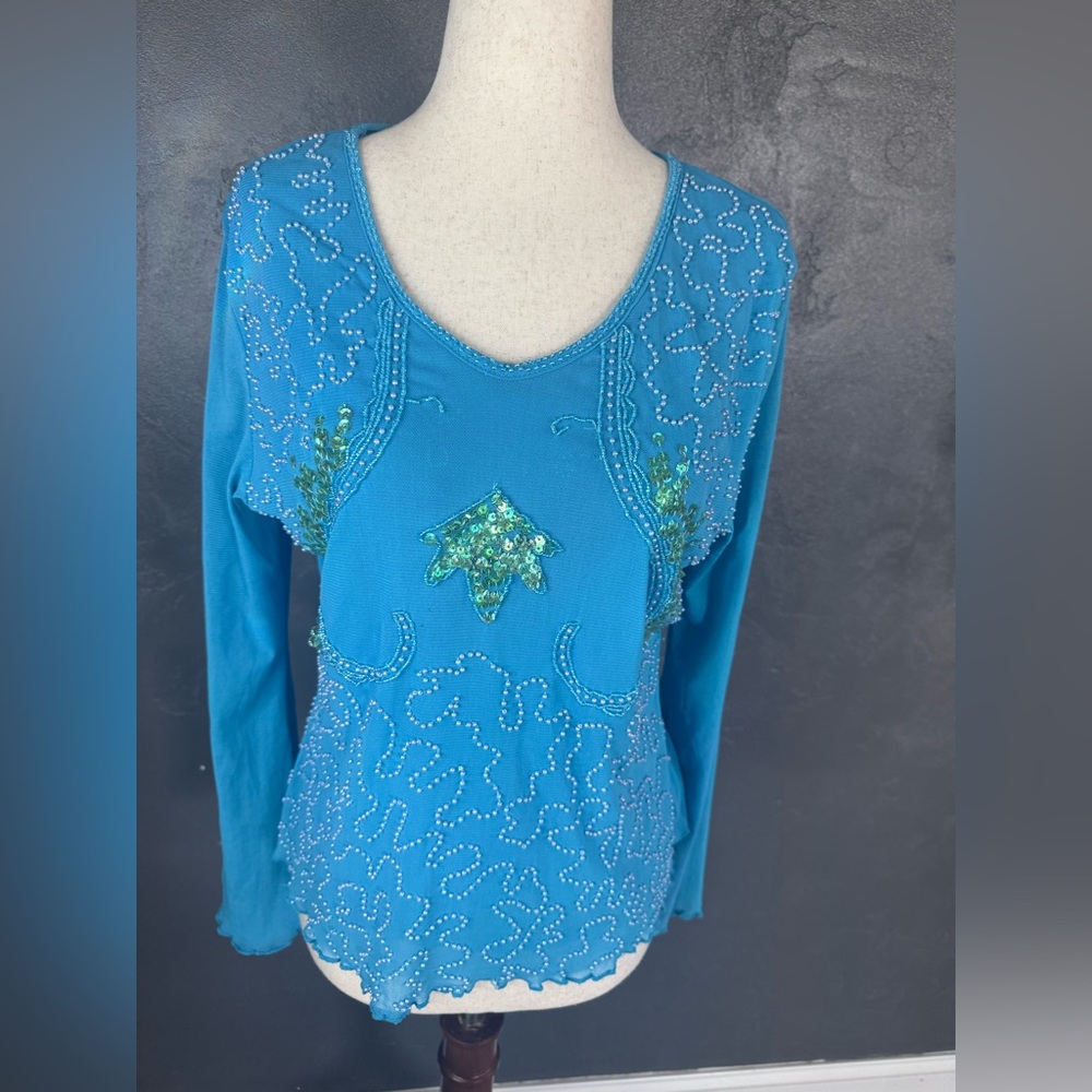Embellished Teal Blue Long-Sleeve Women's Top